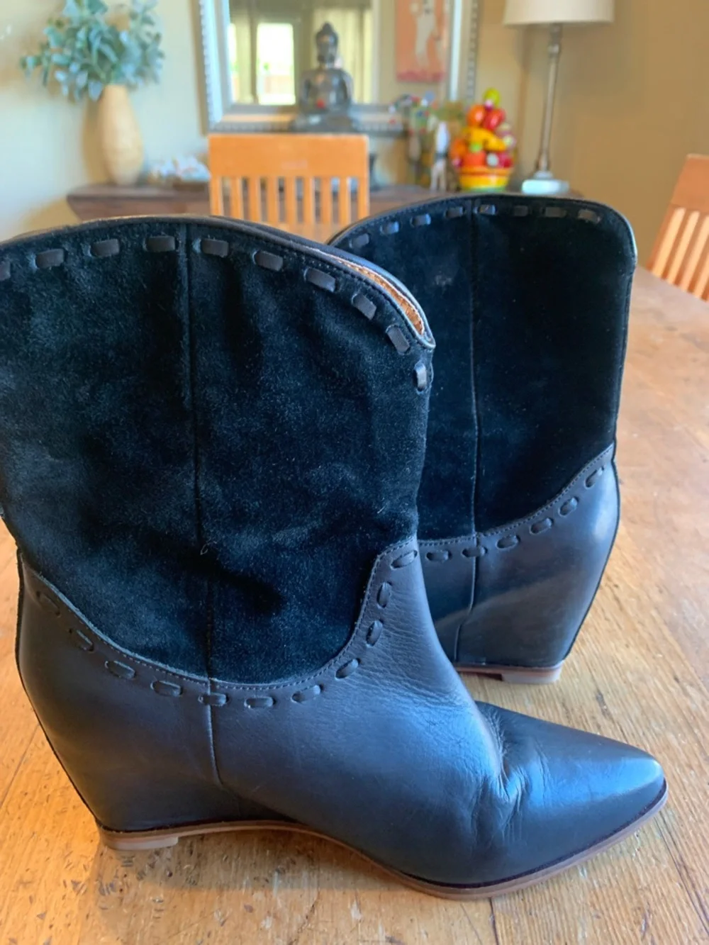 Martha Jones Women’s Black Two-Texture Wedge Ankle Booties